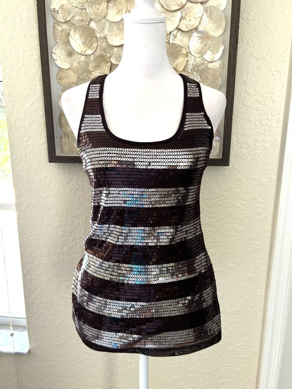 NWOT Forever Dark Brown Striped Sequin Racerback Top